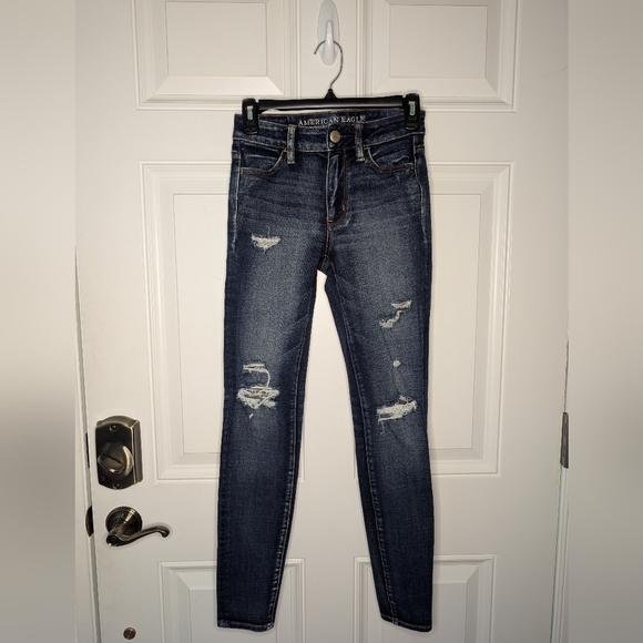American Eagle Hi Rise Jegging Jeans Distressed Denim Size 0 360 Super Stretch - Picture 2 of 8